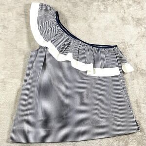J Crew One Shoulder Ruffle Stripe Navy White Top Size‎ 0 Coastal Beachy